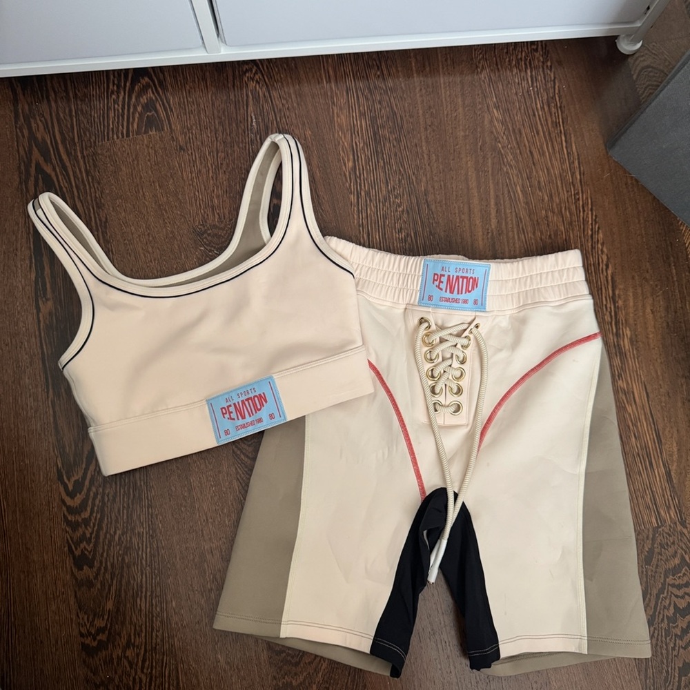 P.E Nation Cream and Black Active Sports Bra and biker short set